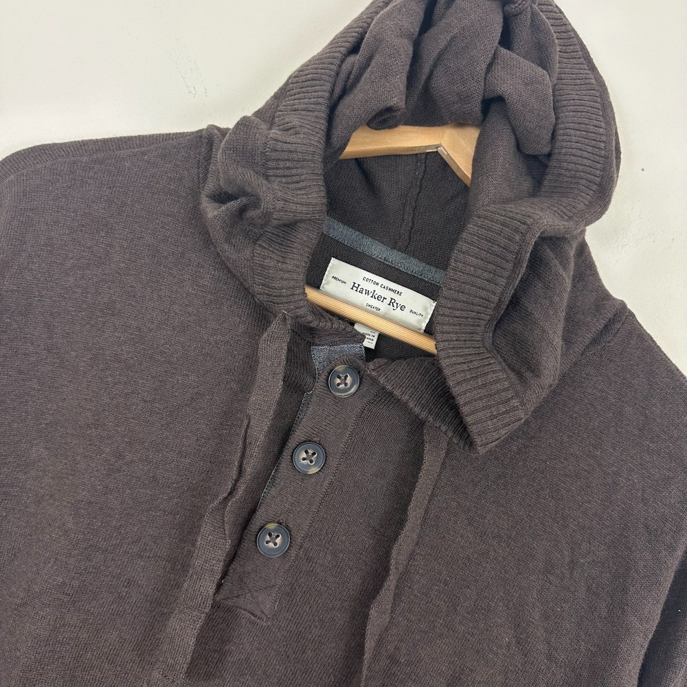 Hawker Rye Hooded Sweater Brown Cotton Cashmere Henley Outdoor Knit Mens Large